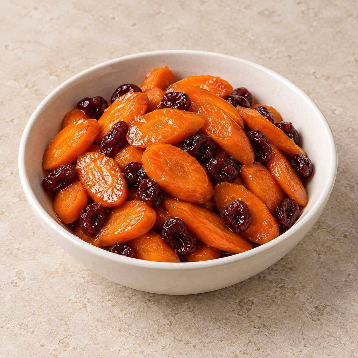 White bowl of glossy glazed carrot slices tossed with dried cranberries