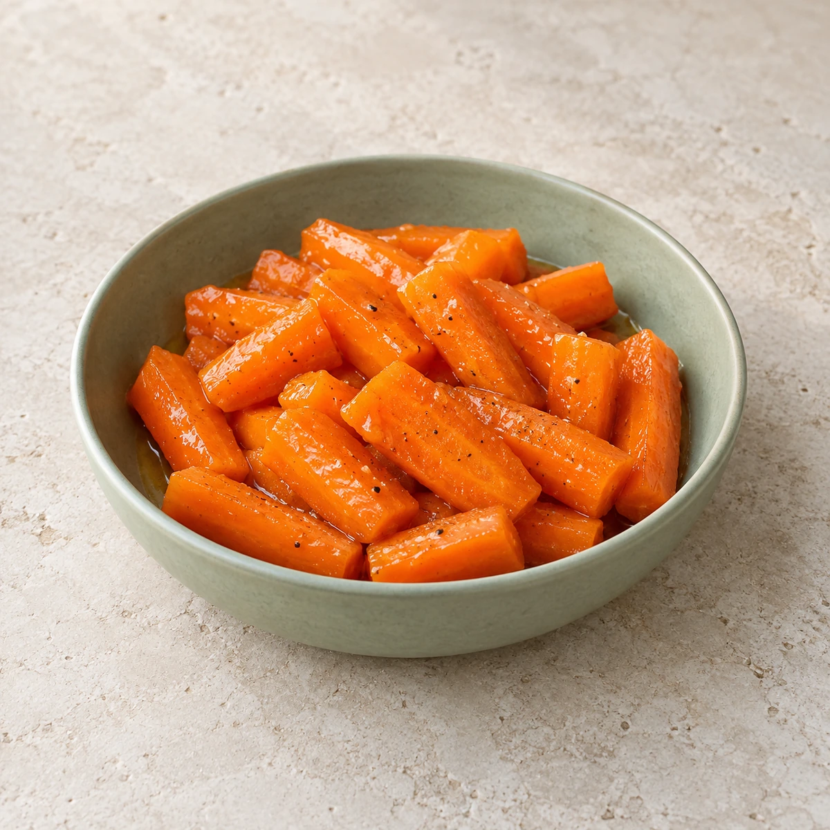 Green bowl of thick glazed carrot sticks with a shiny honey glaze and cracked black pepper