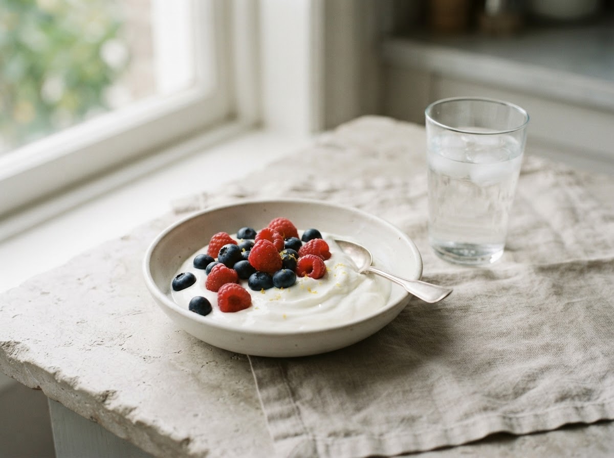 A bowl of plain Greek yogurt topped with raspberries and blueberries beside a glass of water