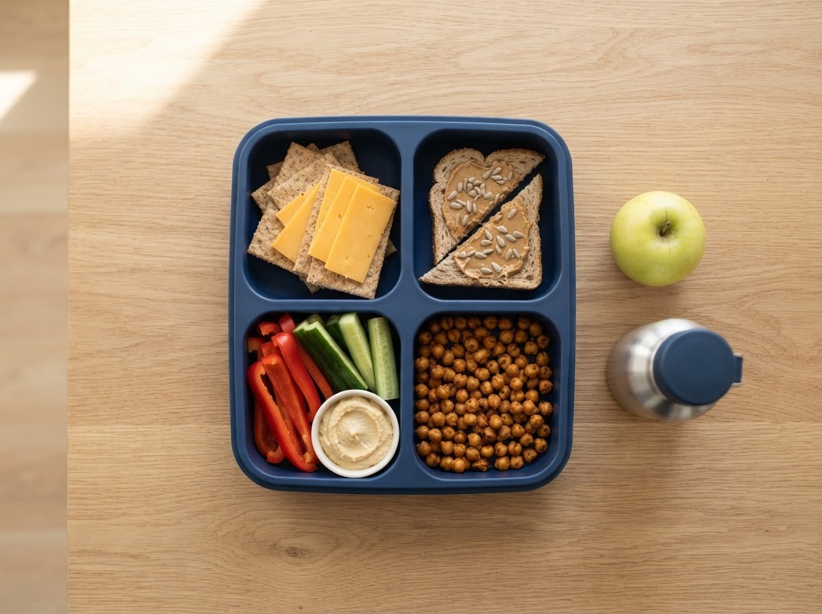 Nut-free school lunch box with four compartments: crackers with cheddar, bread with sunflower-seed butter, pepper and cucumber sticks with hummus, and roasted chickpeas, next to an apple and a water bottle