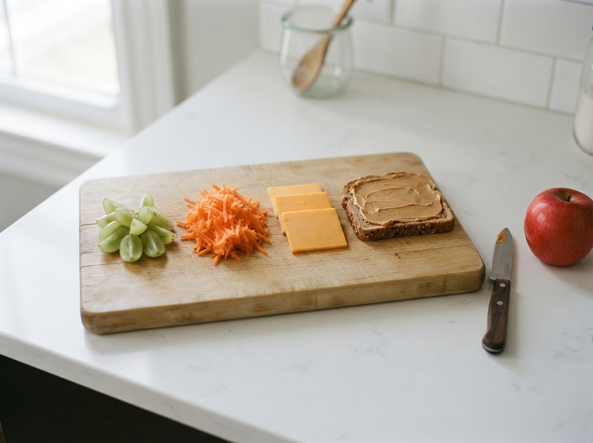 Cutting board with toddler-safe snack prep: quartered grapes, grated carrot, thin cheddar slices and toast with a thin layer of peanut butter, with a paring knife and a whole apple beside it