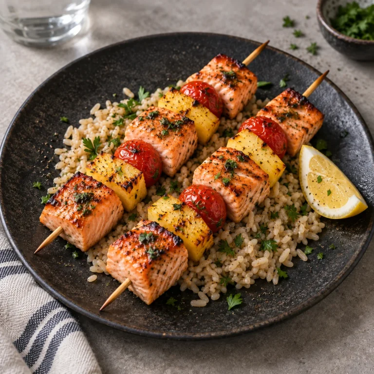 Salmon Skewers over Brown Rice