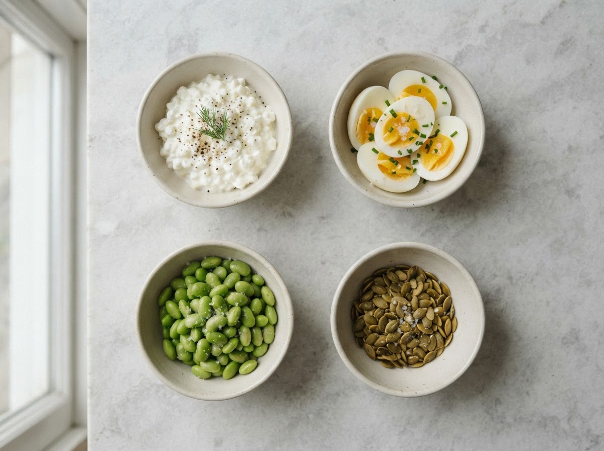 Bowls of cottage cheese, hard-boiled eggs, edamame and shelled pumpkin seeds arranged on a pale surface