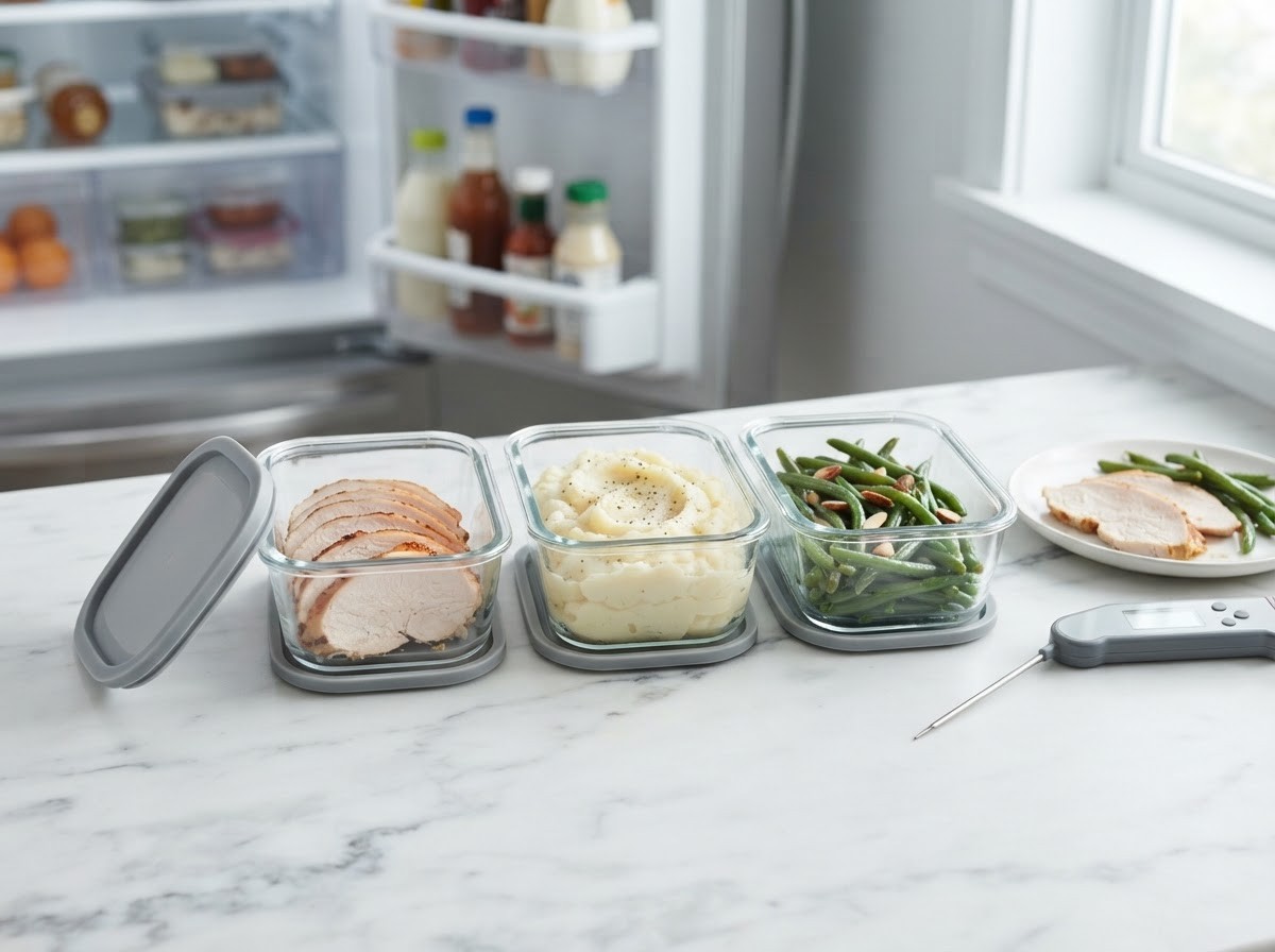 Three glass containers of holiday leftovers on a marble counter — sliced roast turkey, mashed potatoes and green beans — with a plate of turkey and a digital meat thermometer beside an open refrigerator