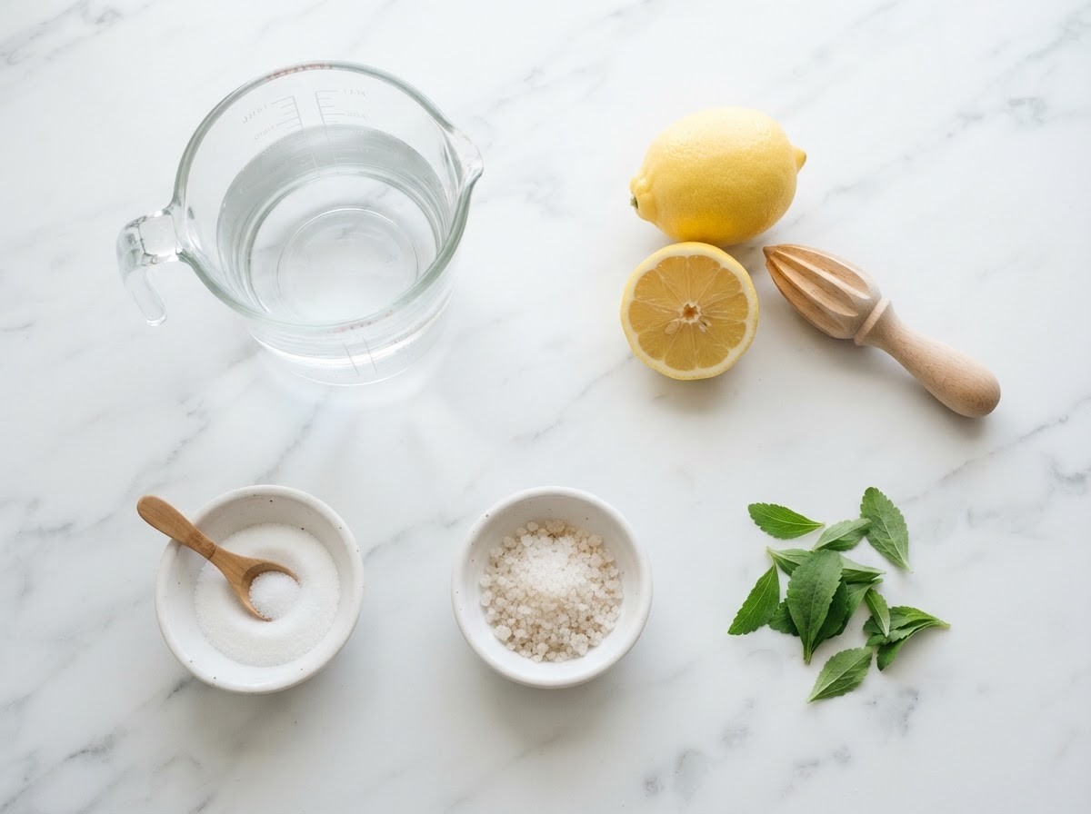 Overhead view of homemade electrolyte drink ingredients on white marble: a glass jug of water, a whole and a halved lemon with a wooden reamer, a bowl of fine table salt, a bowl of coarse salt crystals and fresh stevia leaves