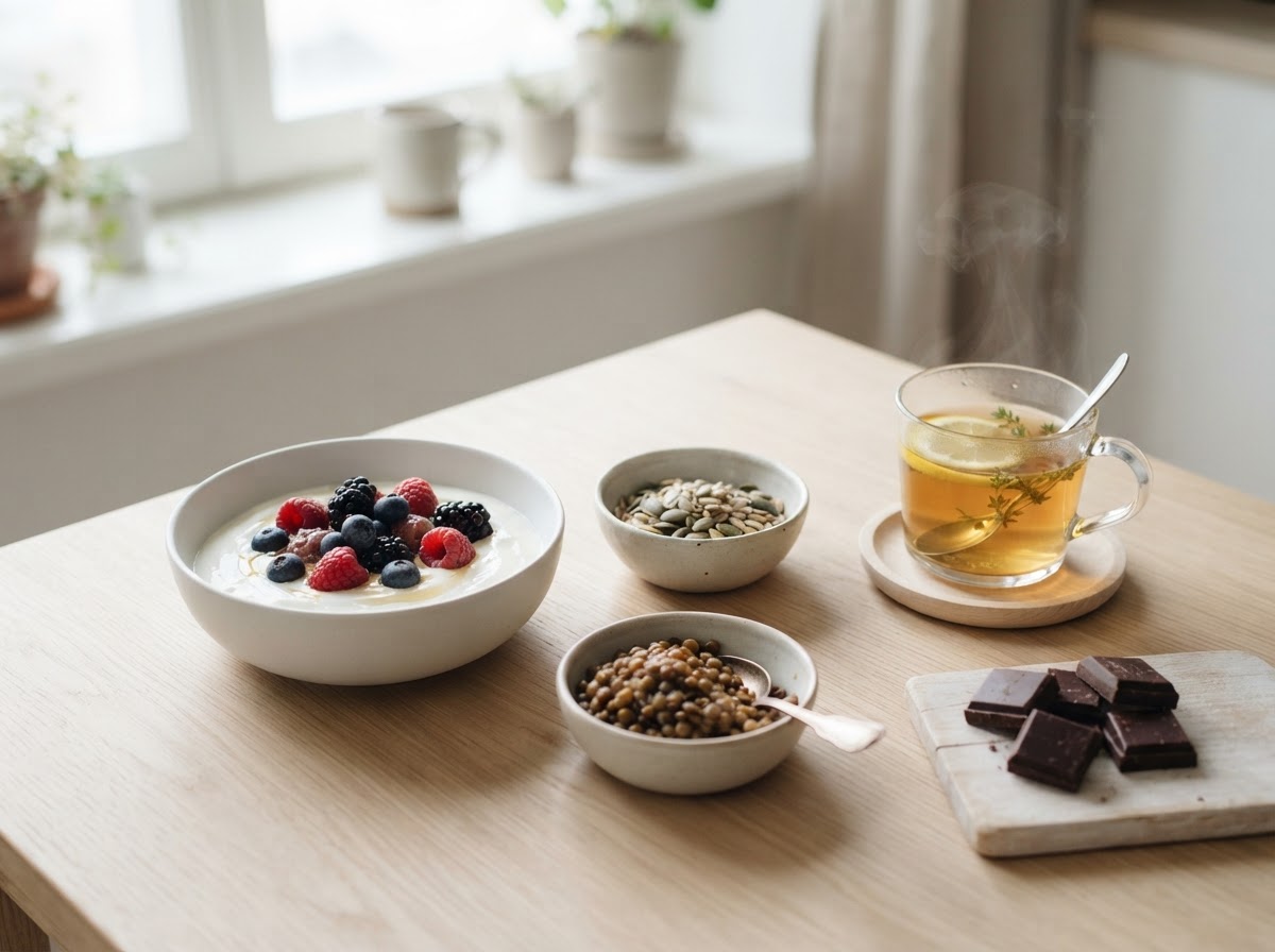 Yogurt with berries, a bowl of seeds, lentils, dark chocolate and herbal tea