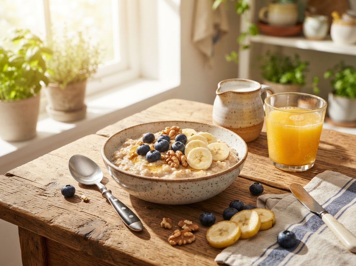 A bowl of porridge with banana, a boiled egg, a glass of milk and blueberries