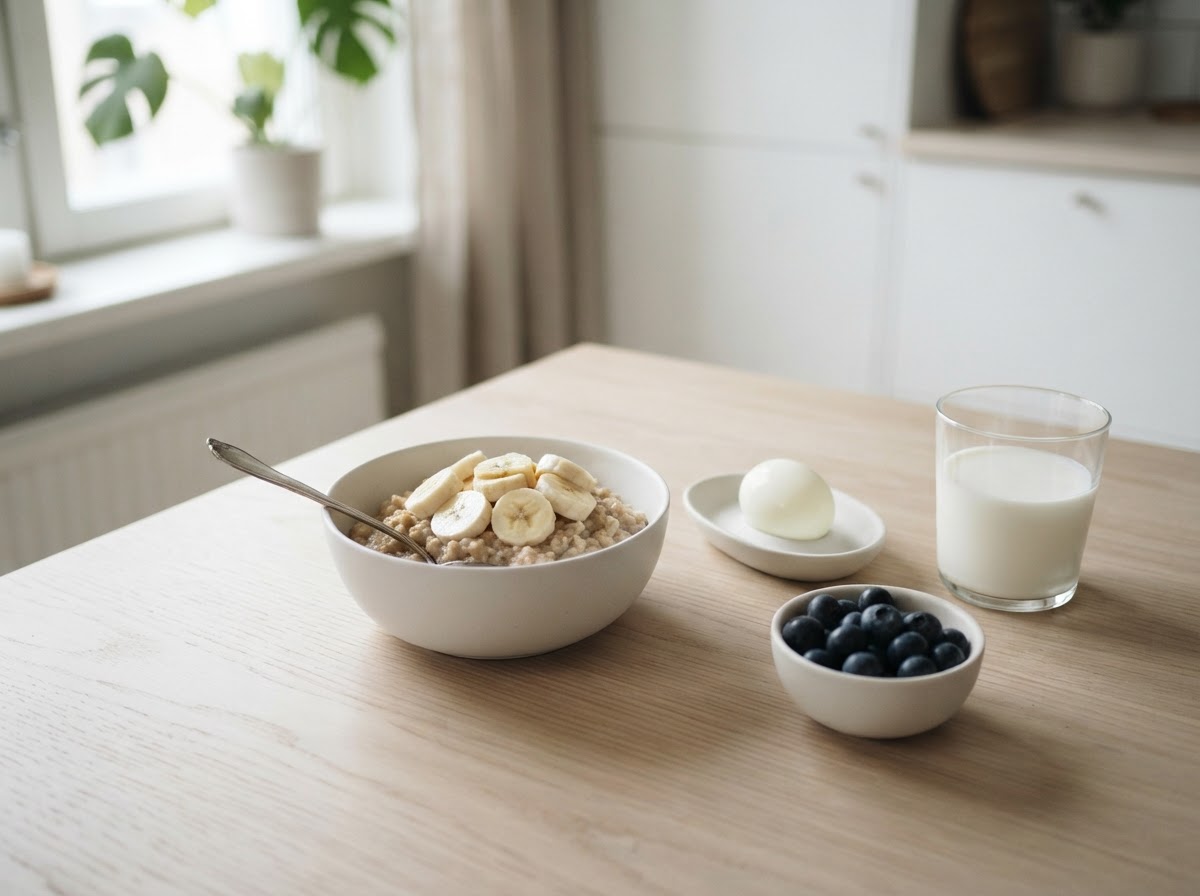 A bowl of porridge with banana, a boiled egg, a glass of milk and blueberries