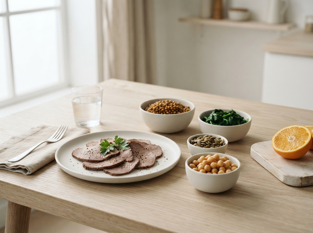 Beef, lentils, spinach, pumpkin seeds and chickpeas with a halved orange
