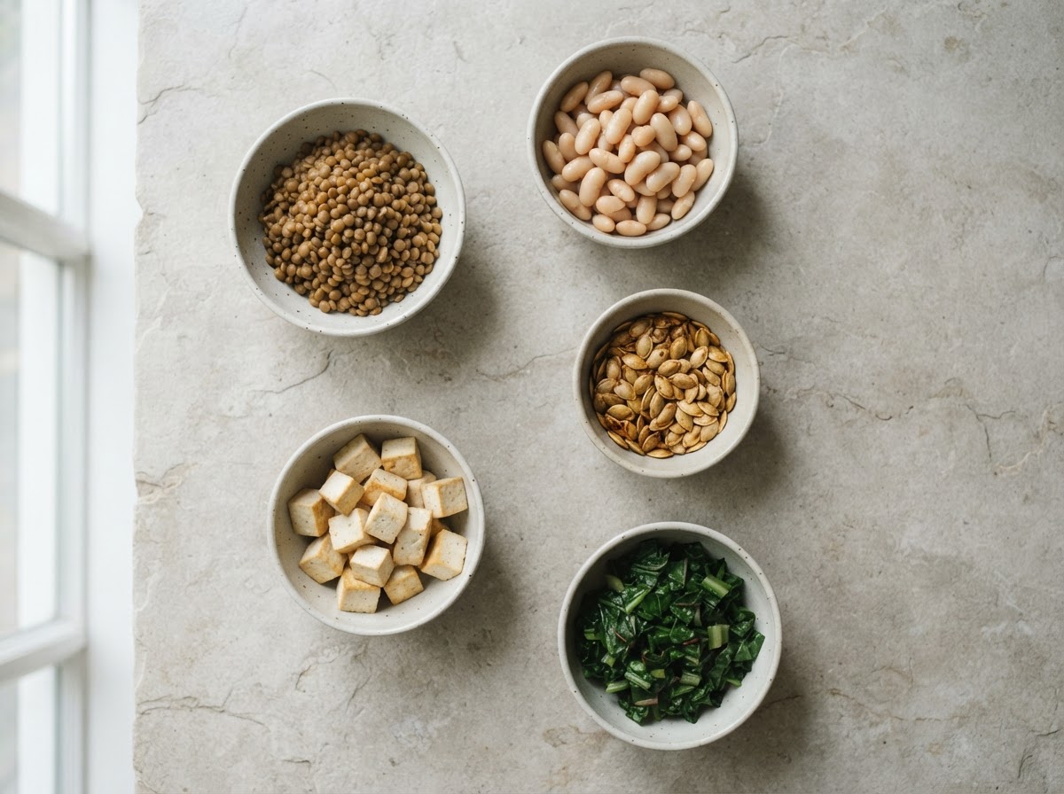 Overhead arrangement of iron-rich foods on a pale wooden table: cooked lentils, sliced lean beef, spinach, pumpkin seeds, chickpeas and a halved orange