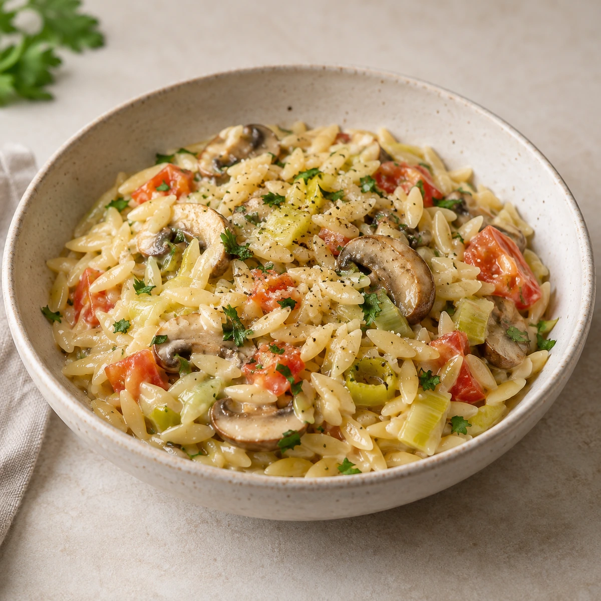 Bowl of creamy orzo with sliced mushrooms, chopped leek, diced tomato and fresh parsley