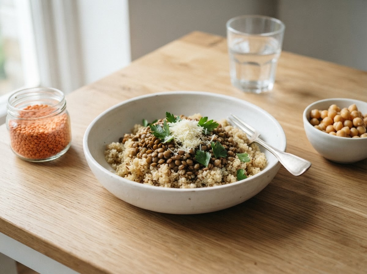 A bowl of cooked lentils over quinoa topped with grated parmesan and parsley, with a jar of dry red lentils, a small bowl of chickpeas and a glass of water on a wooden table