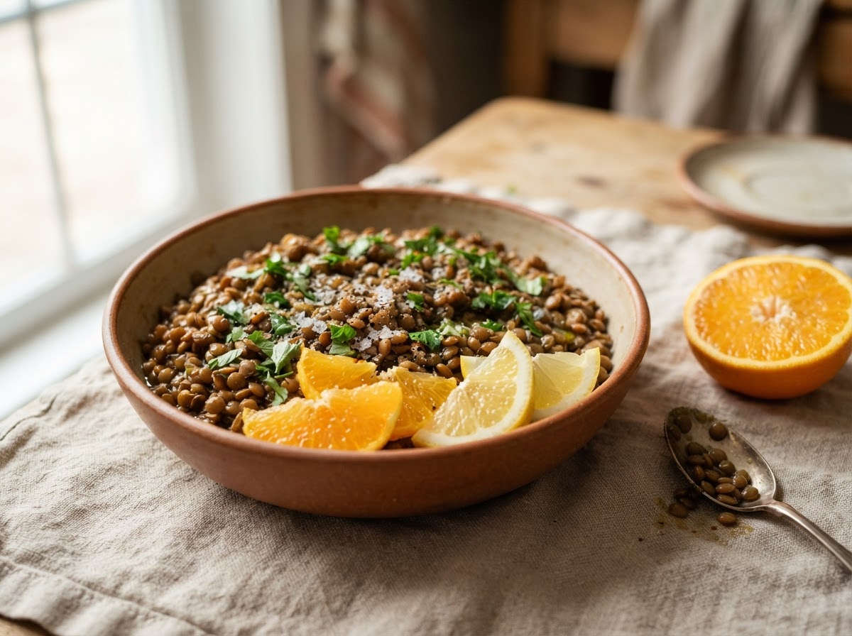 A bowl of cooked lentils beside halved oranges and sliced tomatoes on a pale stone counter, with a small bowl of pumpkin seeds
