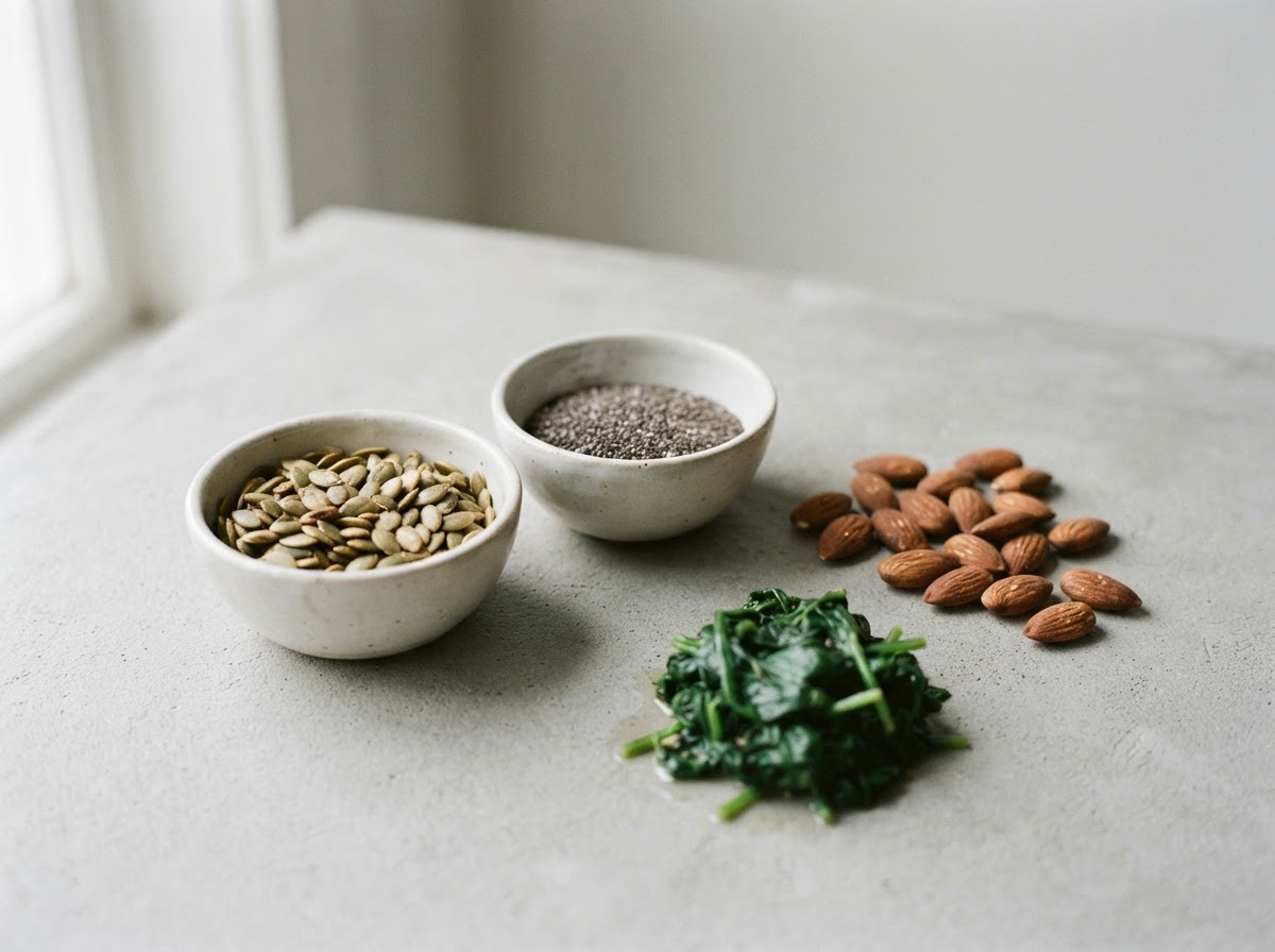 Small bowls of roasted pumpkin seeds and chia seeds beside almonds and cooked spinach on a plain surface