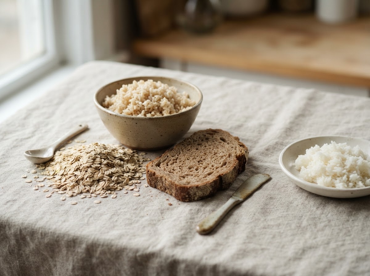 Brown rice, whole oats and whole wheat bread arranged beside a small dish of white rice on a neutral surface