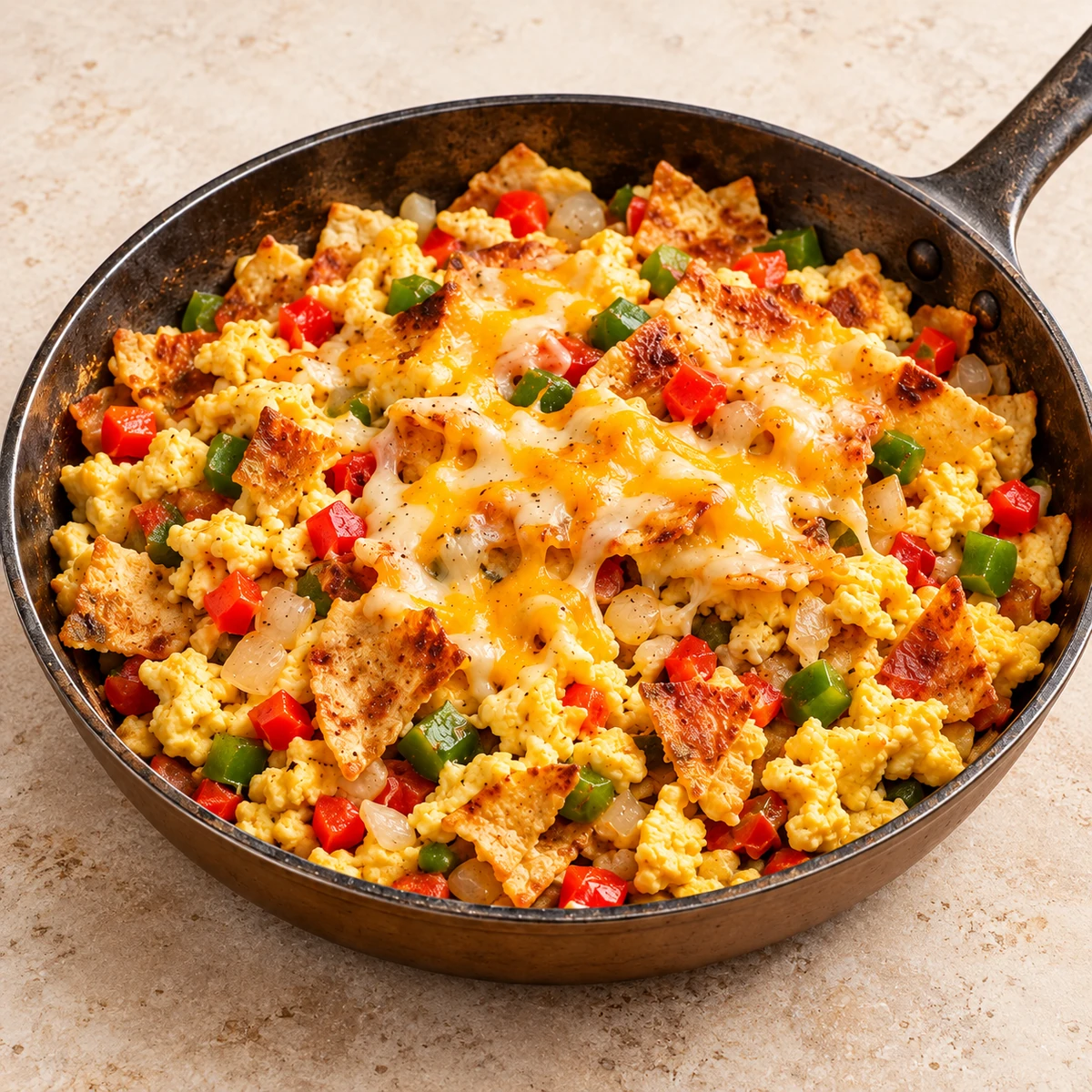 Cast iron skillet of scrambled eggs with tortilla pieces, red and green bell pepper, onion and melted cheese