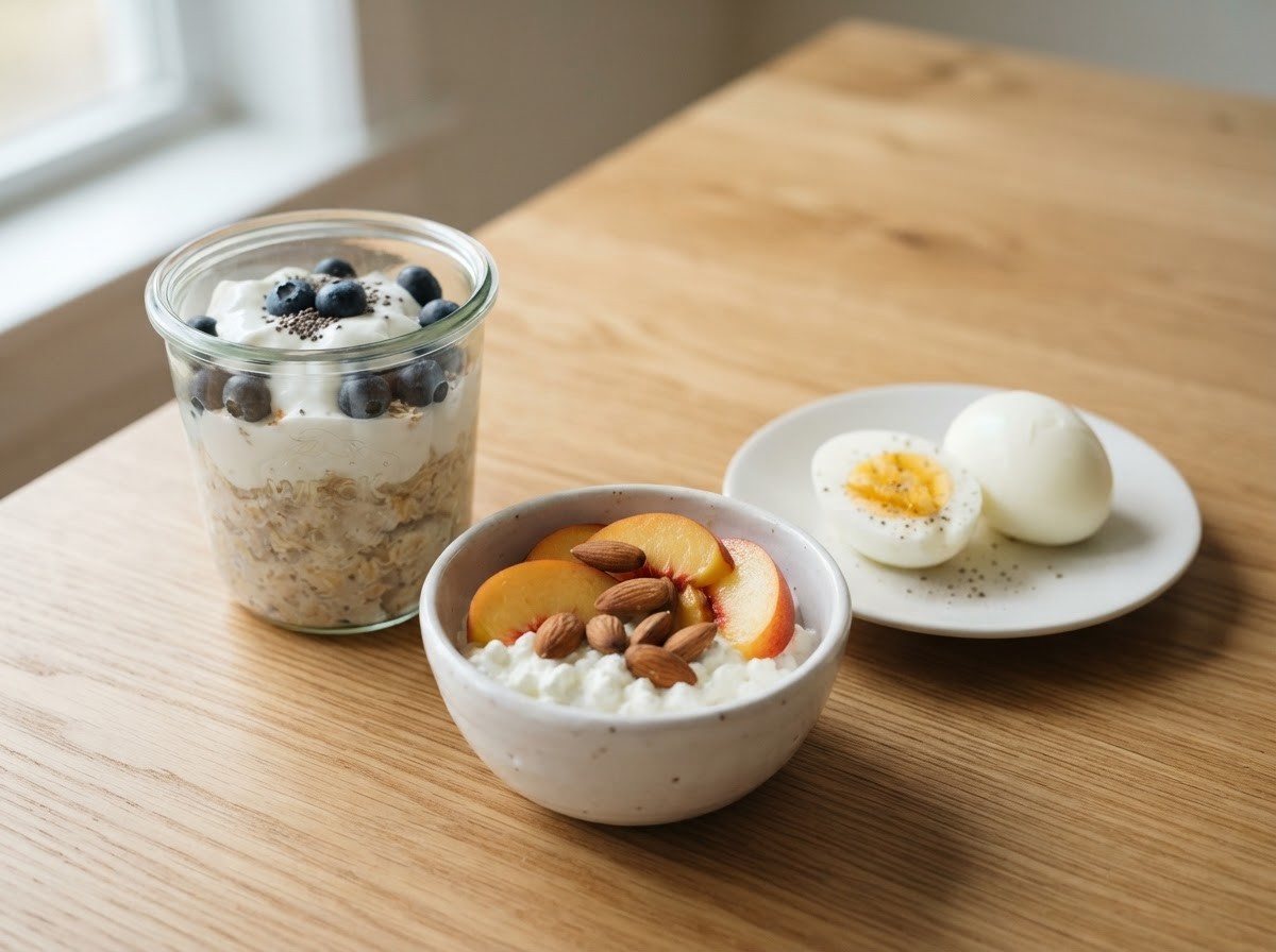 A glass jar of overnight oats layered with Greek yogurt and blueberries, a bowl of cottage cheese with peach slices and almonds, and a plate with hard-boiled eggs on a light oak table