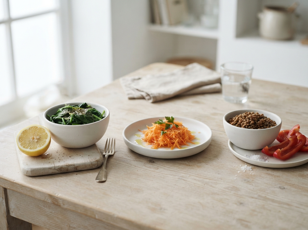 Spinach with lemon, grated carrot with olive oil, and lentils with red pepper