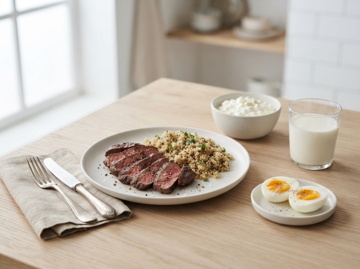 Sliced steak with quinoa, cottage cheese, boiled eggs and a glass of milk
