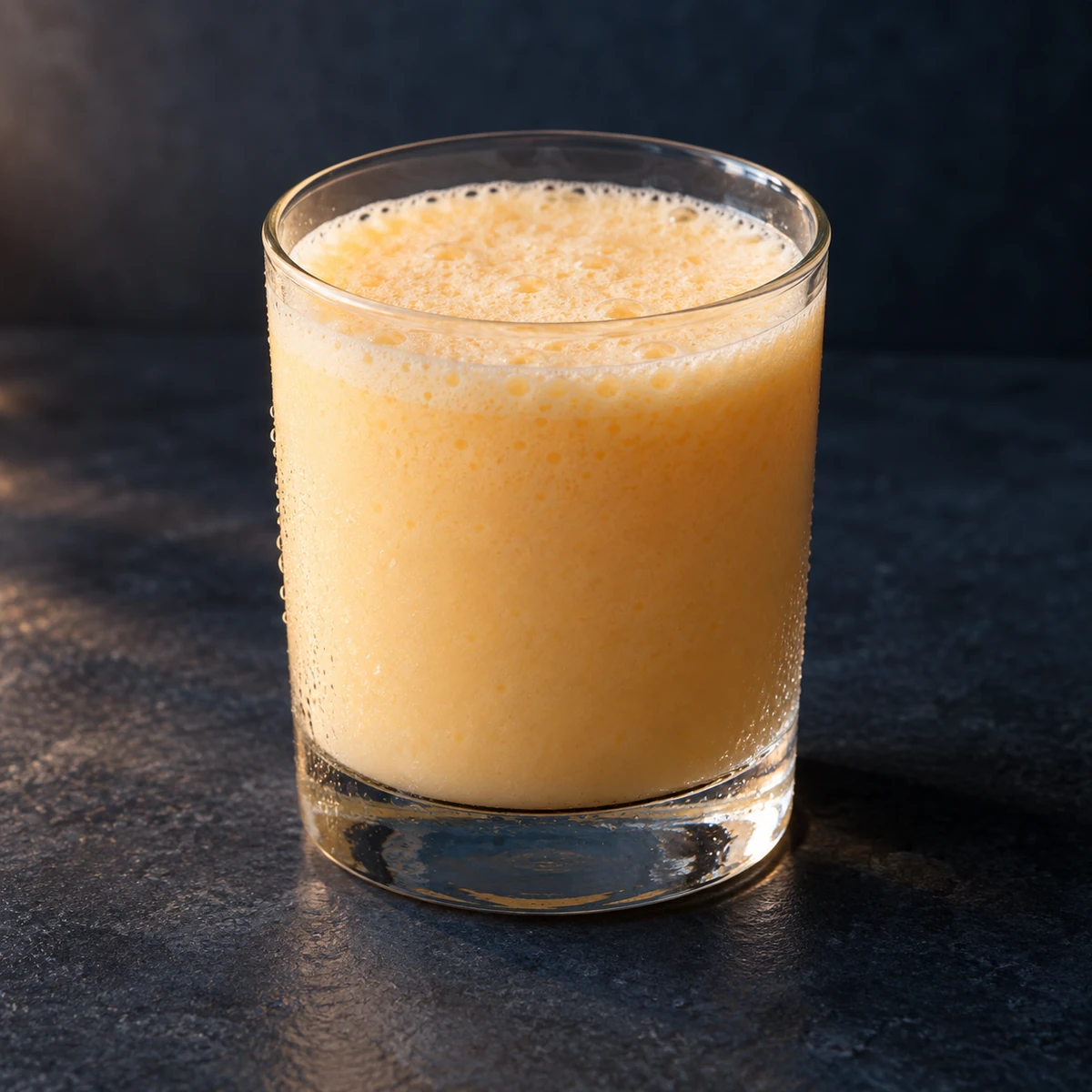 A glass of frothy orange cream punch on a dark surface