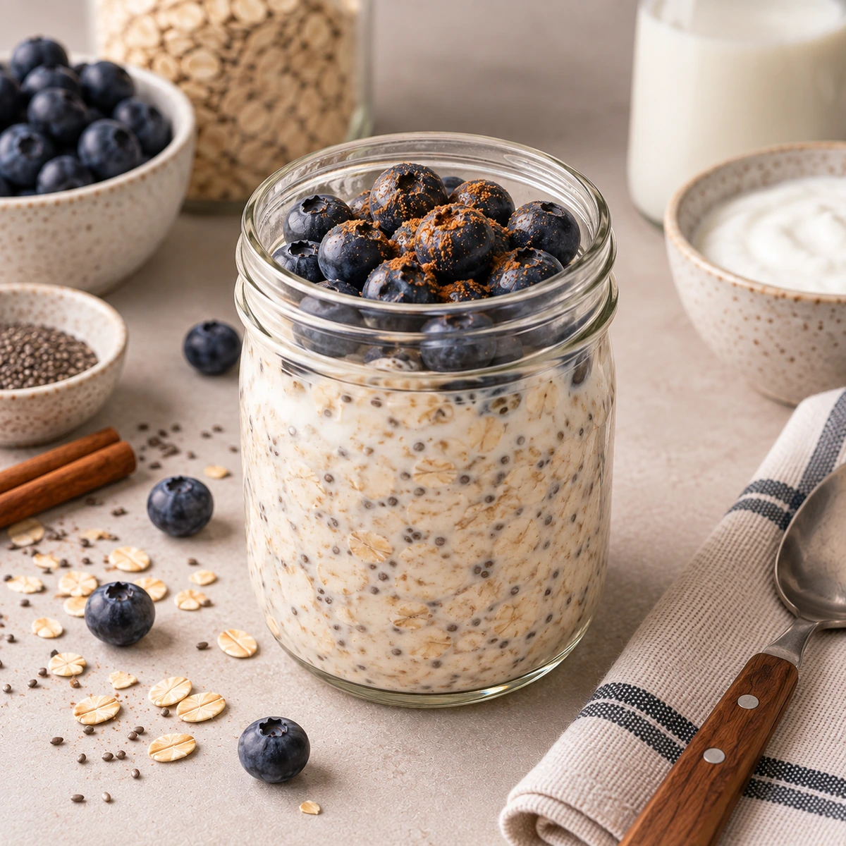 Jar of overnight oats with chia seeds, milk and blueberries, cinnamon on top