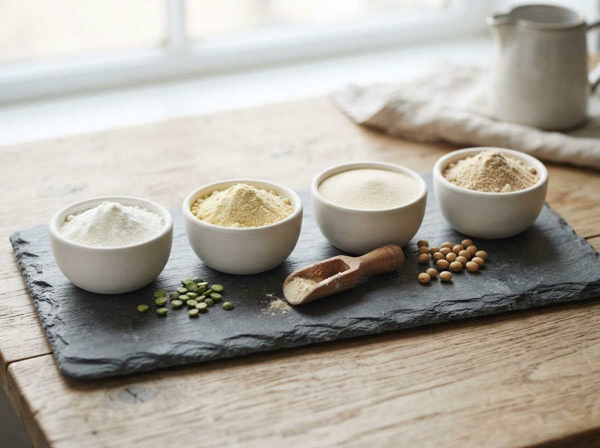 Four white bowls of protein powder on a dark slate surface seen from above: bright-white whey, pale yellow pea, cream-colored soy and light brown rice protein, with dried split peas and soybeans scattered between them