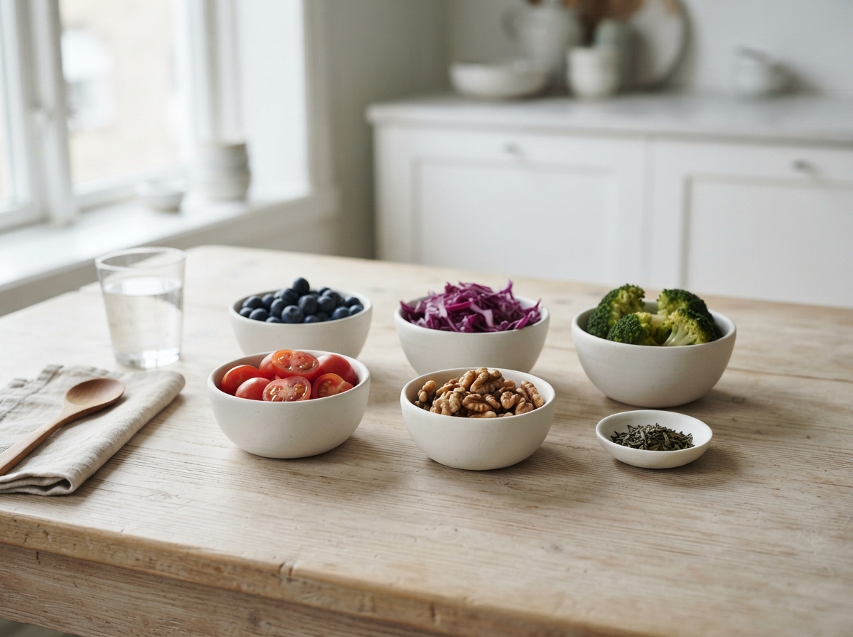 Bowls of blueberries, red cabbage, broccoli, tomatoes, walnuts and green tea leaves