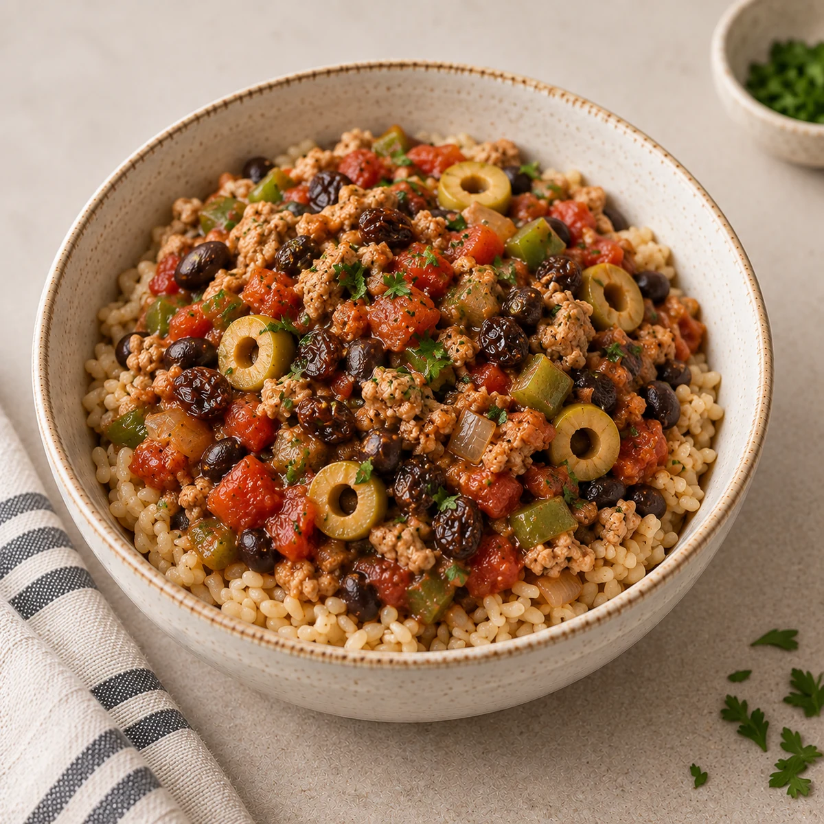 Bowl of brown rice topped with ground beef picadillo with green olives, raisins, black beans, tomato and green pepper