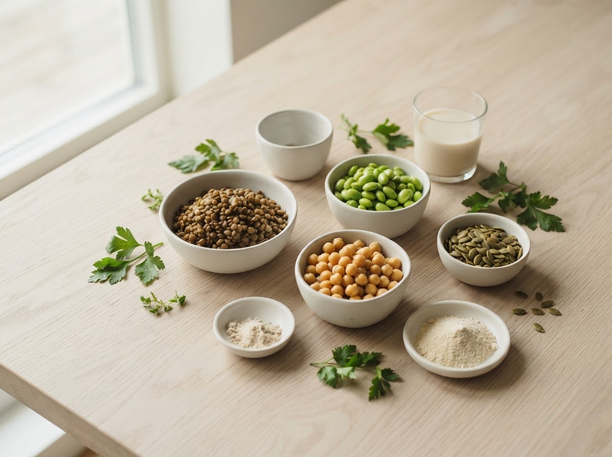Bright overhead arrangement on a white marble counter of plant protein foods: a bowl of cooked lentils, bright green edamame, chickpeas, pumpkin seeds, a glass of soy milk and a small scoop of pale plant protein powder