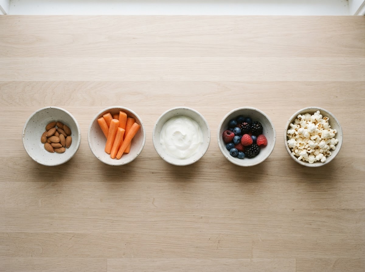 Single portions of almonds, carrot sticks, yogurt and berries divided into small bowls on a kitchen counter
