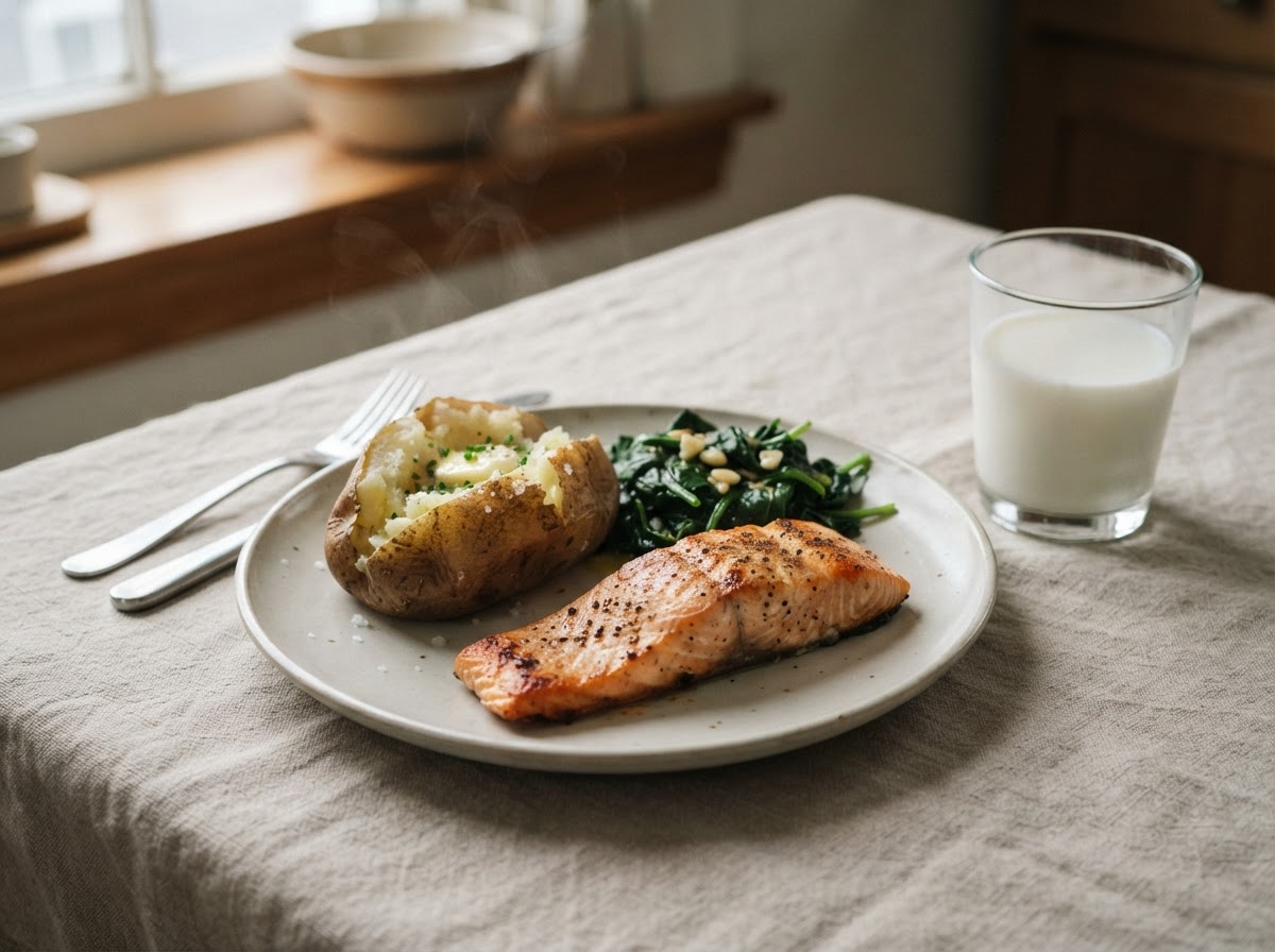 A plate with baked potato, spinach, salmon and a glass of milk on a neutral table