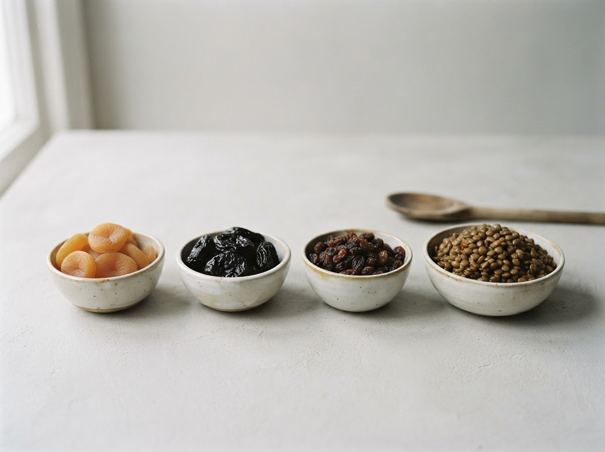 Dried apricots, prunes, raisins and cooked lentils in bowls on a plain surface