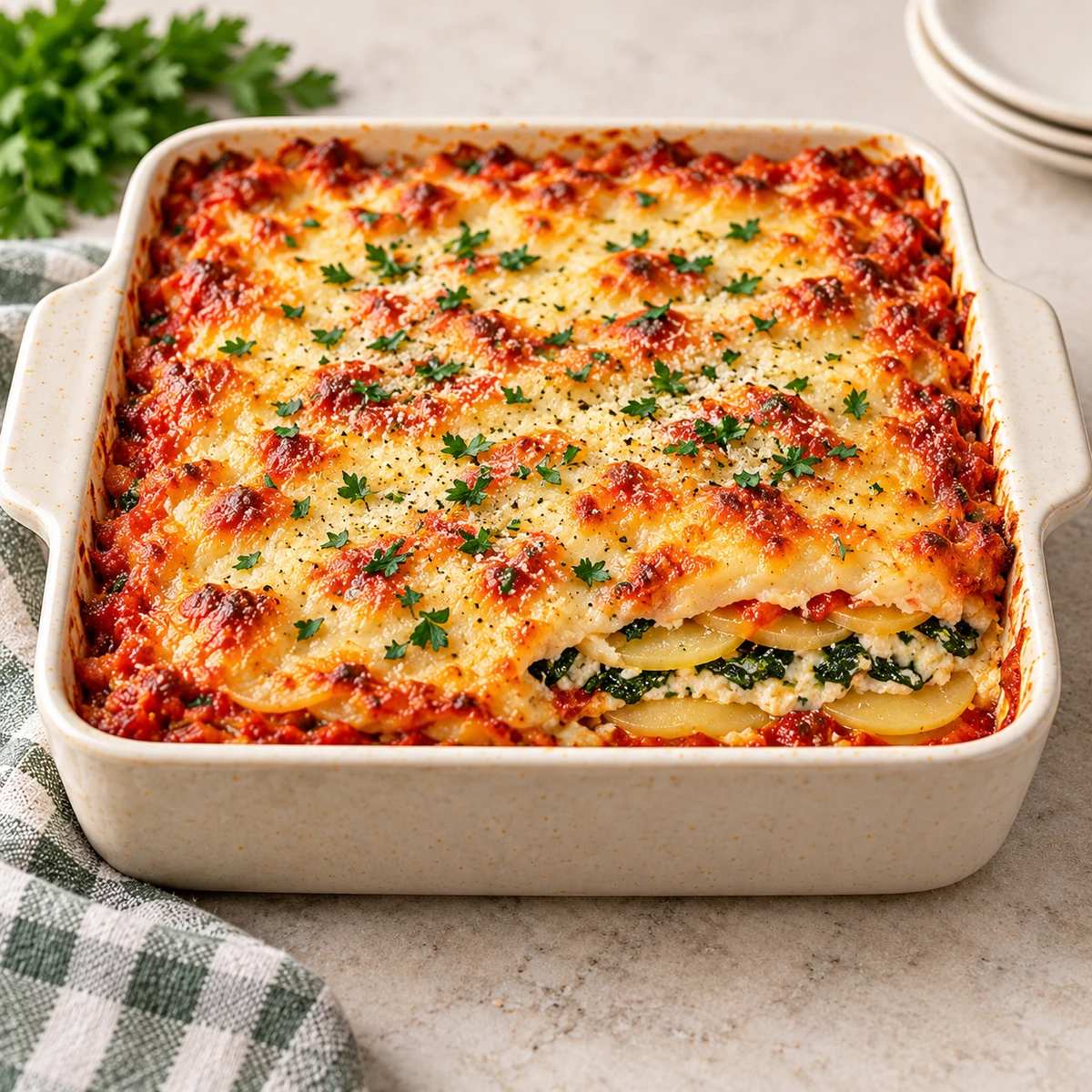 Baking dish of lasagna with tomato sauce, melted cheese and a spinach layer, sprinkled with parsley