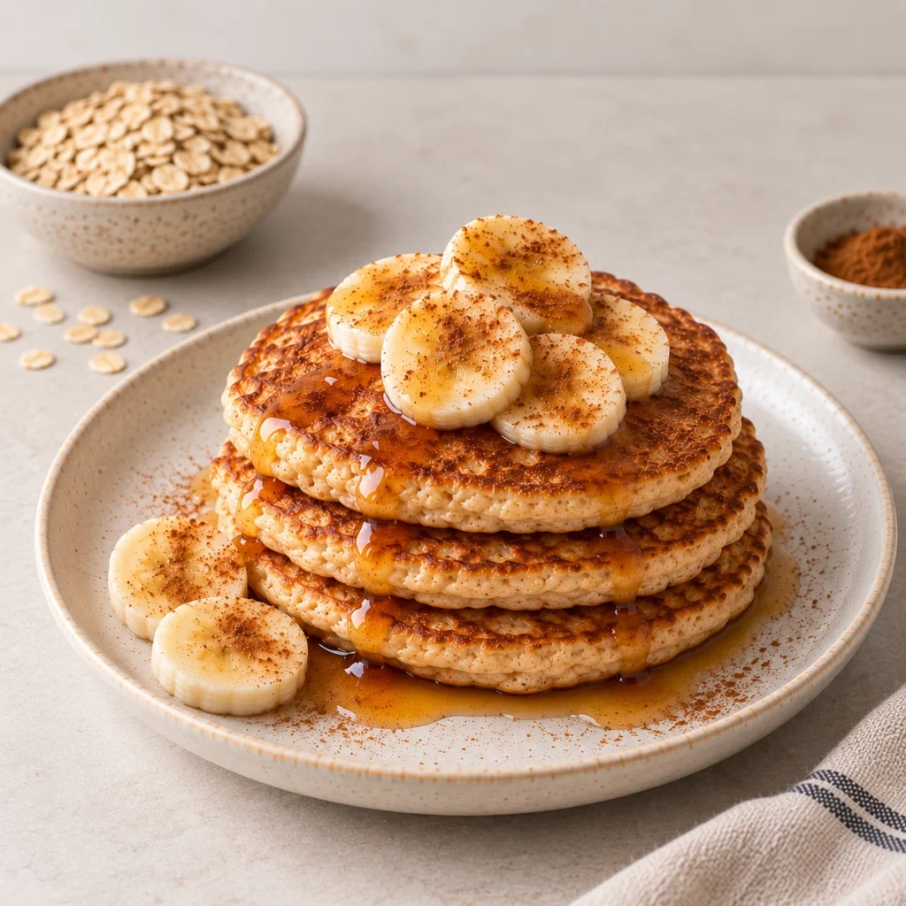 Stack of oat pancakes topped with banana slices, cinnamon and syrup, with oats and cinnamon in small bowls behind.