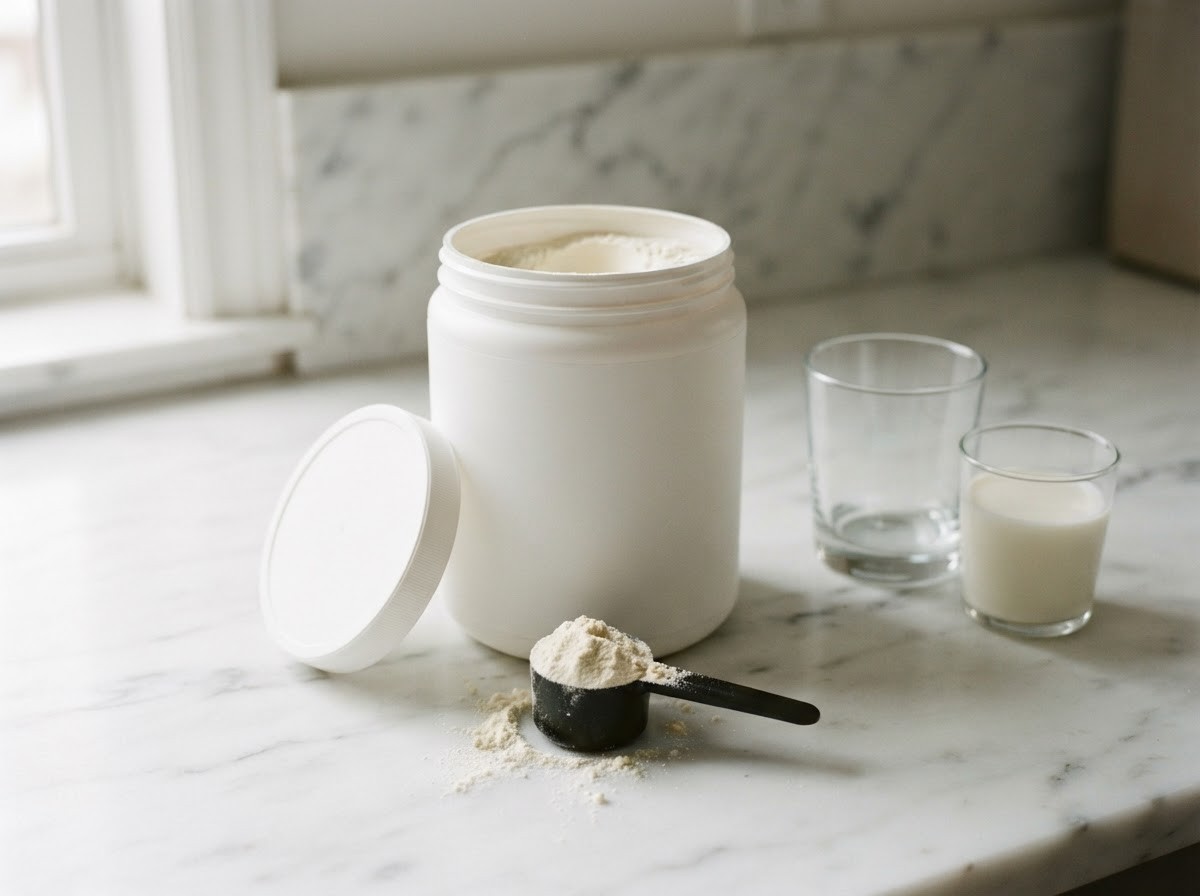 An open unlabeled white tub of protein powder on a marble counter with its lid beside it, a black measuring scoop of powder in front, and an empty glass and a small glass of milk to the right