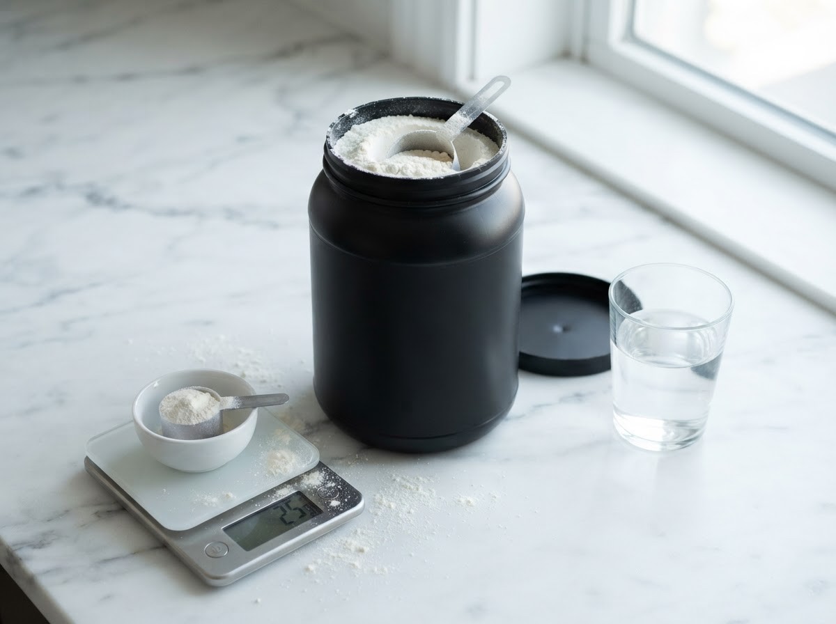 An open unlabeled black tub of white protein powder with a metal scoop, a kitchen scale weighing a 25 g scoop in a small bowl, and a glass of water on a white marble counter by a window