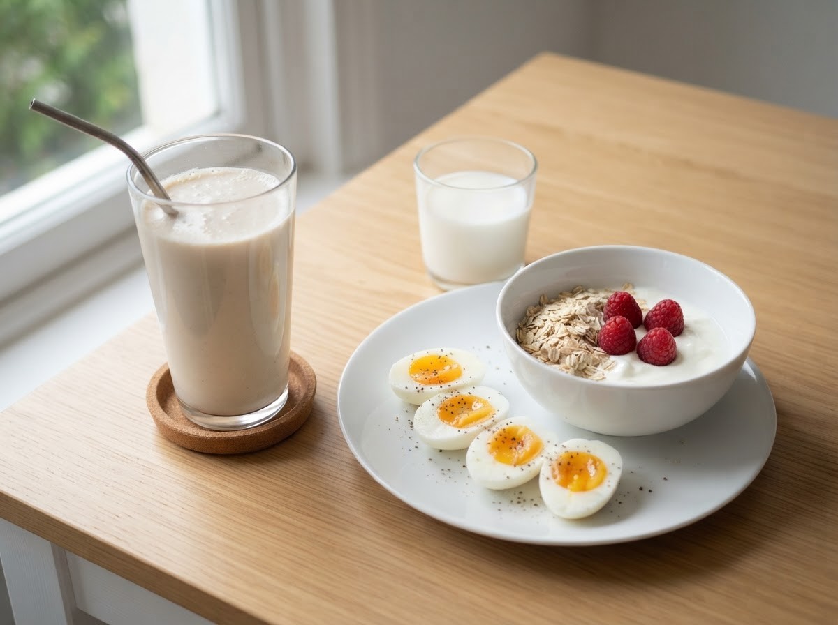 A protein shake with a metal straw on a cork coaster next to a plate with four soft-boiled egg halves, a bowl of Greek yogurt with oats and raspberries, and a small glass of milk