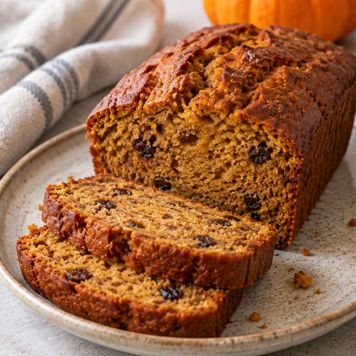 A sliced loaf of pumpkin bread with raisins on a plate
