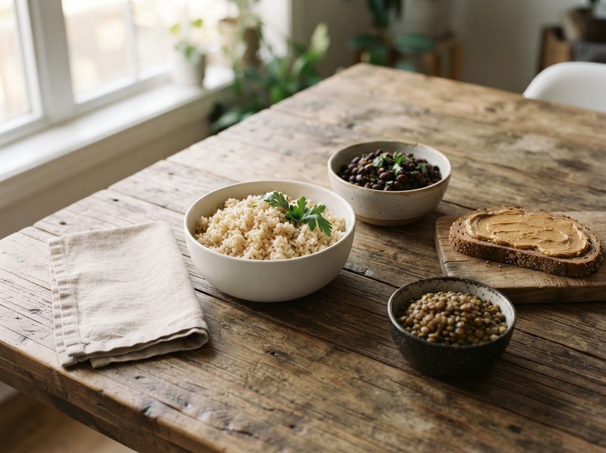 A rustic wooden table in warm daylight with a bowl of cooked brown rice beside a bowl of black beans, a slice of wholegrain bread with peanut butter, and a small bowl of lentils