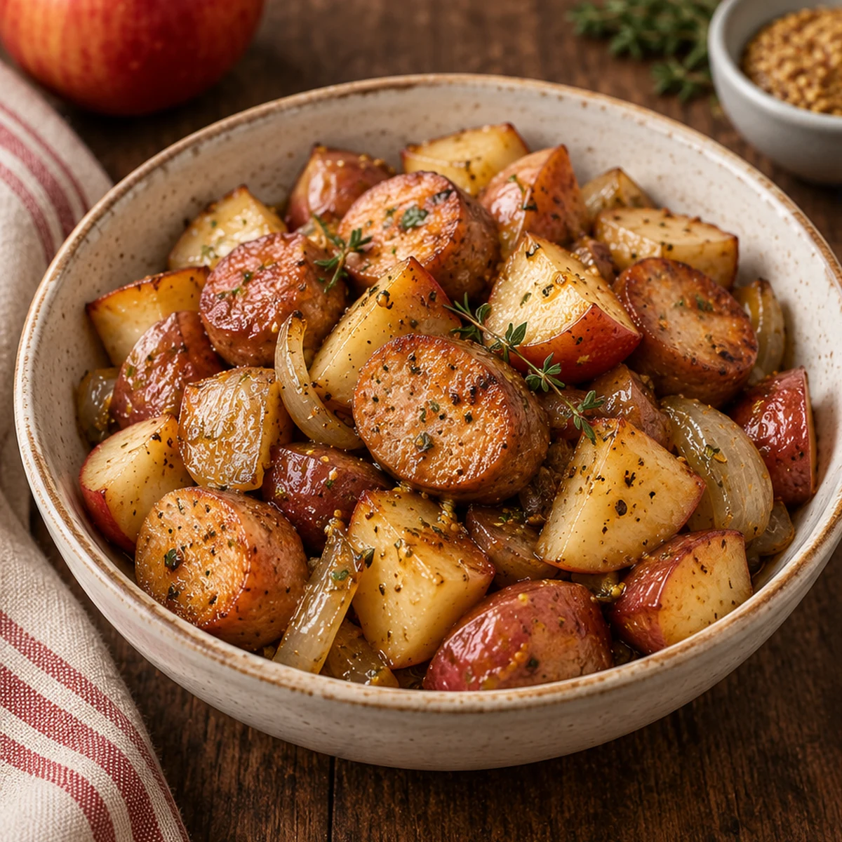 Roasted red potatoes, apple chunks, onion and sliced chicken sausage with thyme in a bowl