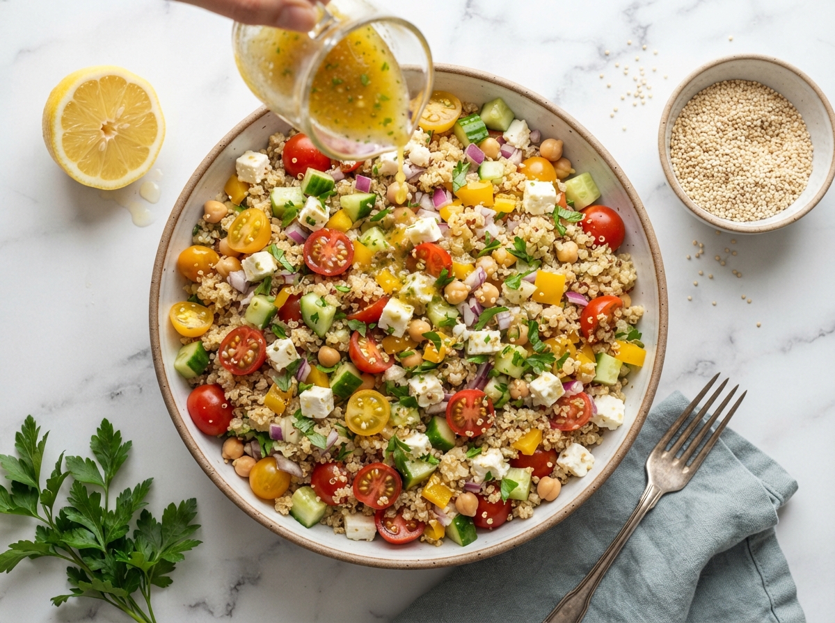 Dry quinoa, cooked quinoa and a quinoa salad with tomato, cucumber and parsley