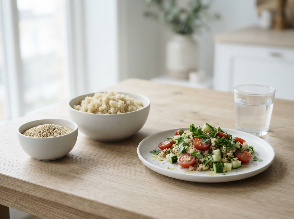 Dry quinoa, cooked quinoa and a quinoa salad with tomato, cucumber and parsley