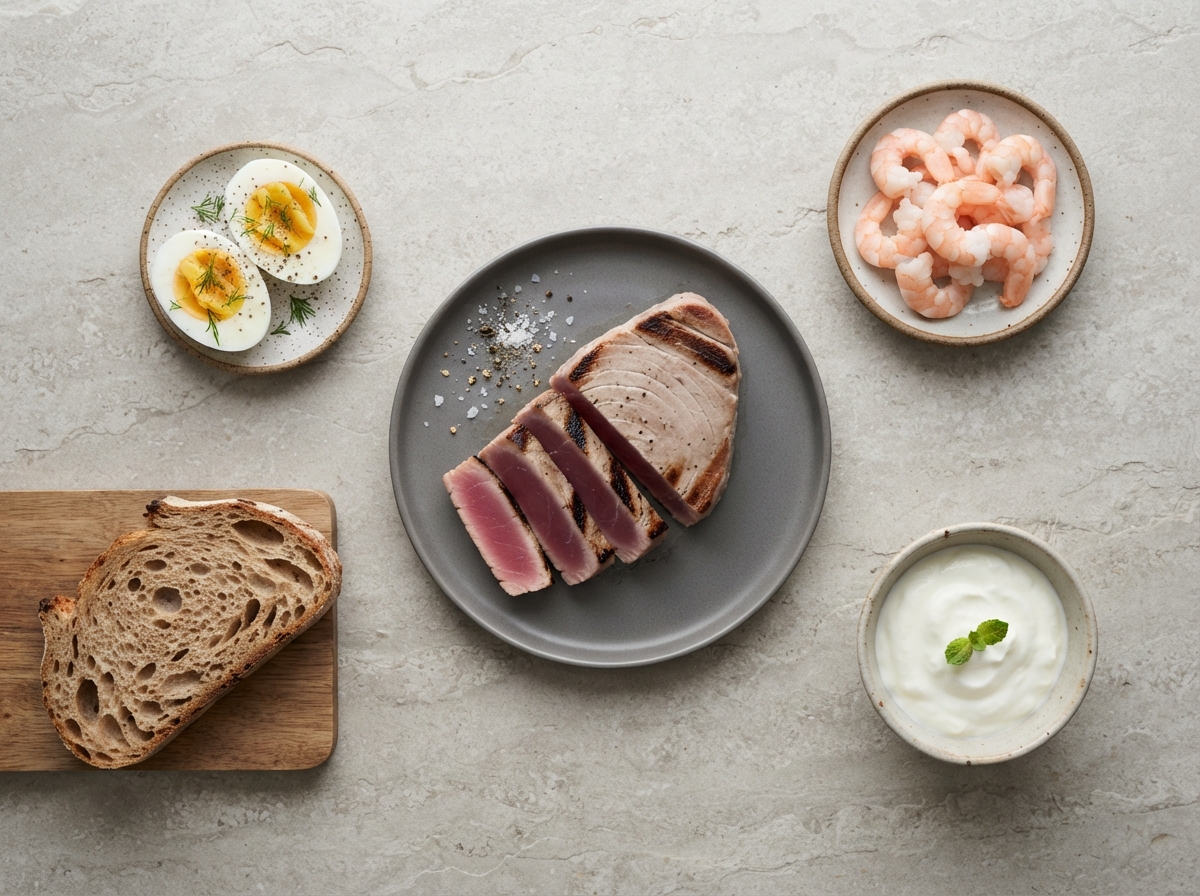 Seared tuna, cooked shrimp, halved hard-boiled eggs and a slice of whole-wheat bread arranged on a pale surface