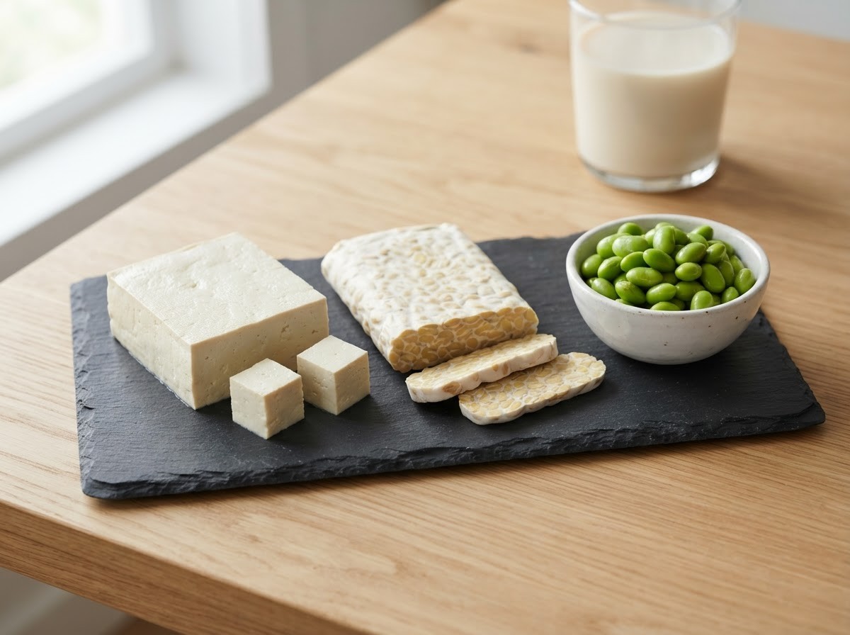 A block of firm tofu with two cubes cut off, a slab of tempeh with three slices, and a bowl of shelled edamame on a slate board, with a glass of soy milk behind