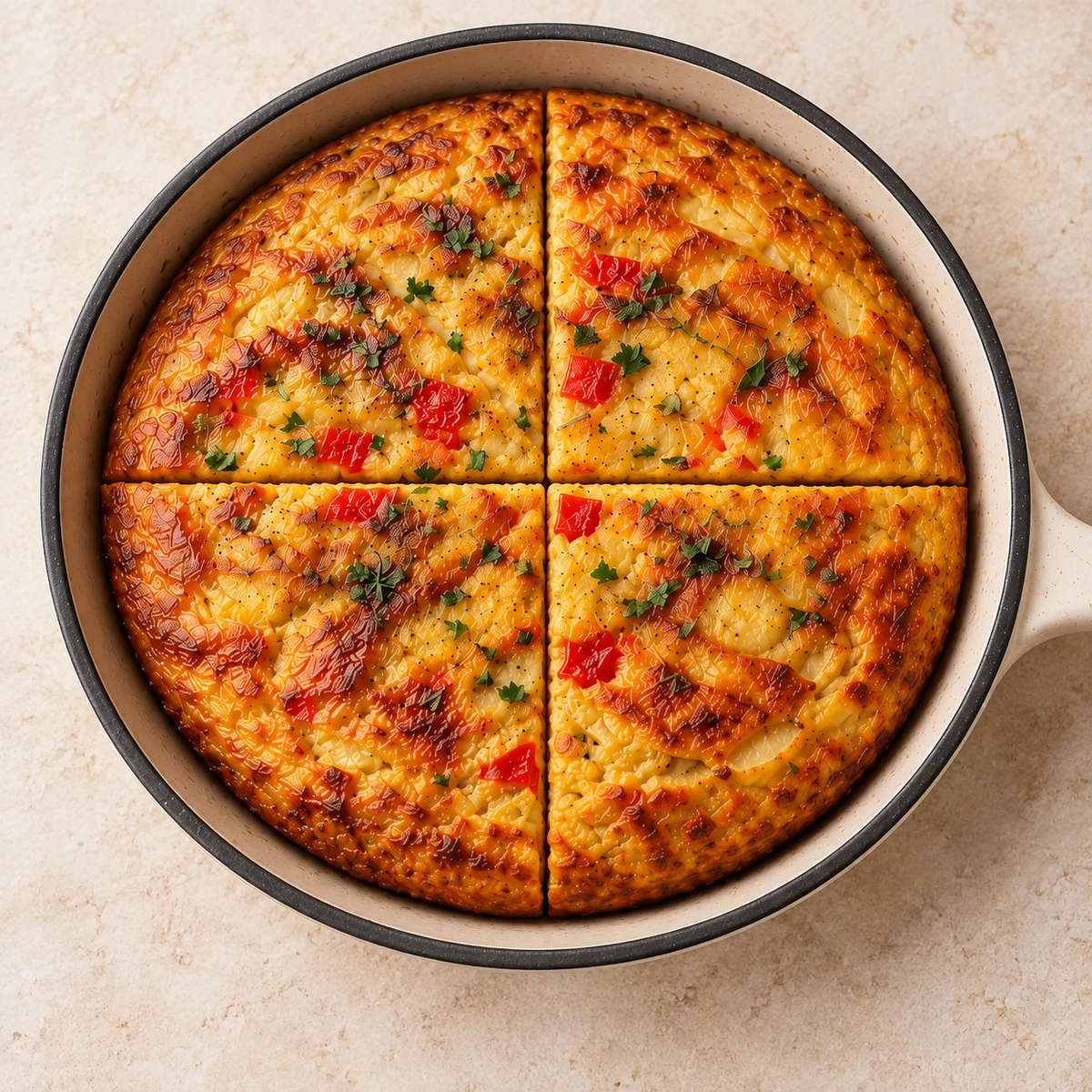 Round potato and red pepper frittata cut into four wedges in a skillet, seen from above