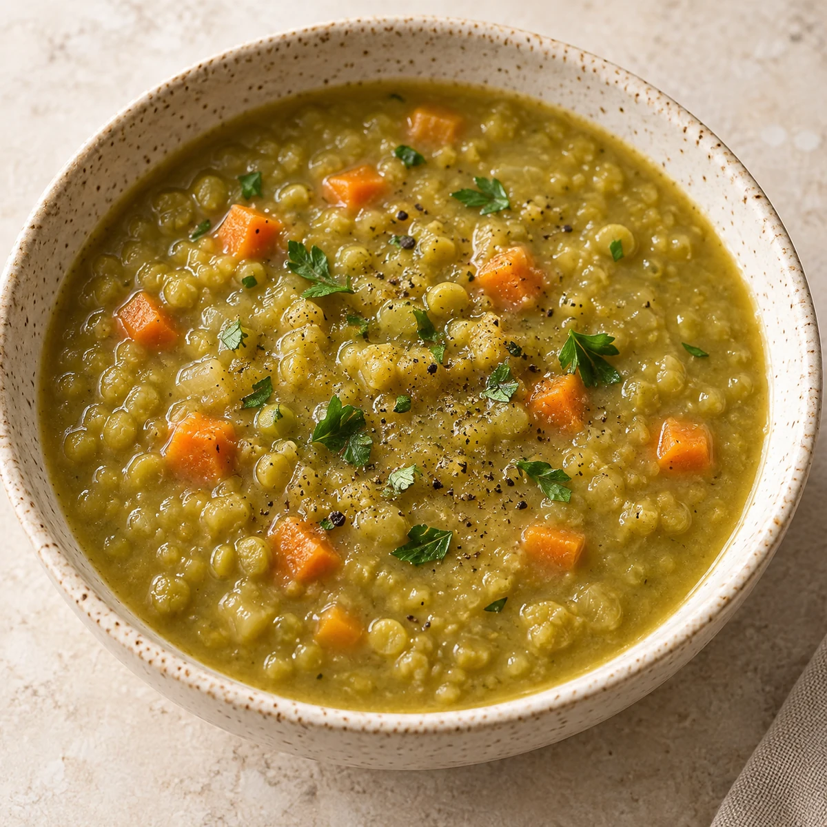 Bowl of thick green split pea soup with diced carrot, black pepper and parsley leaves