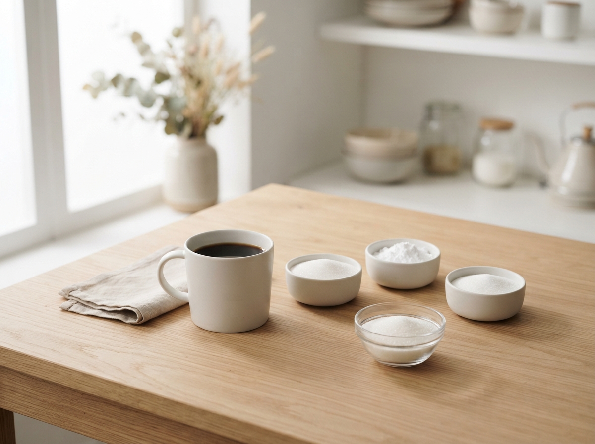 Three unlabelled dishes of sweeteners beside a bowl of sugar and a cup of coffee