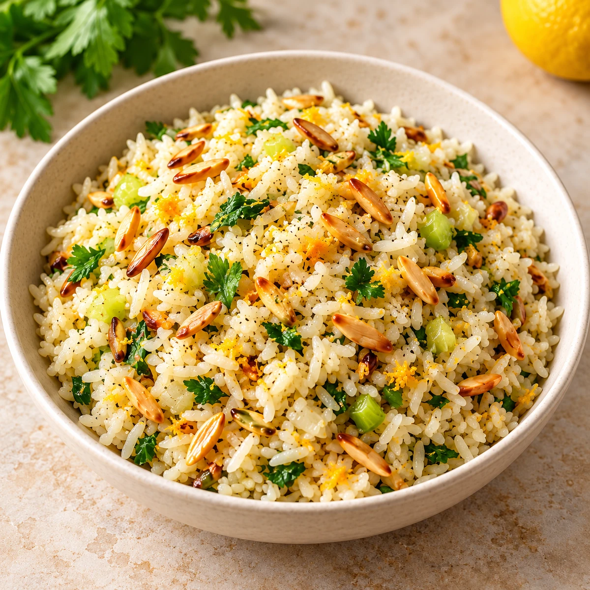 Bowl of rice with toasted slivered almonds, diced celery, parsley and lemon zest