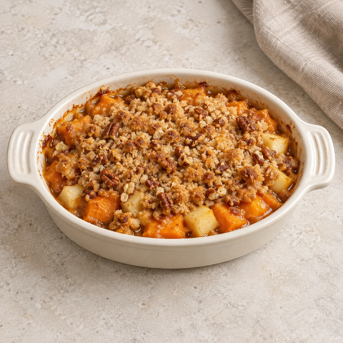 Oval baking dish of sweet potato and apple cubes under a golden pecan crumble topping