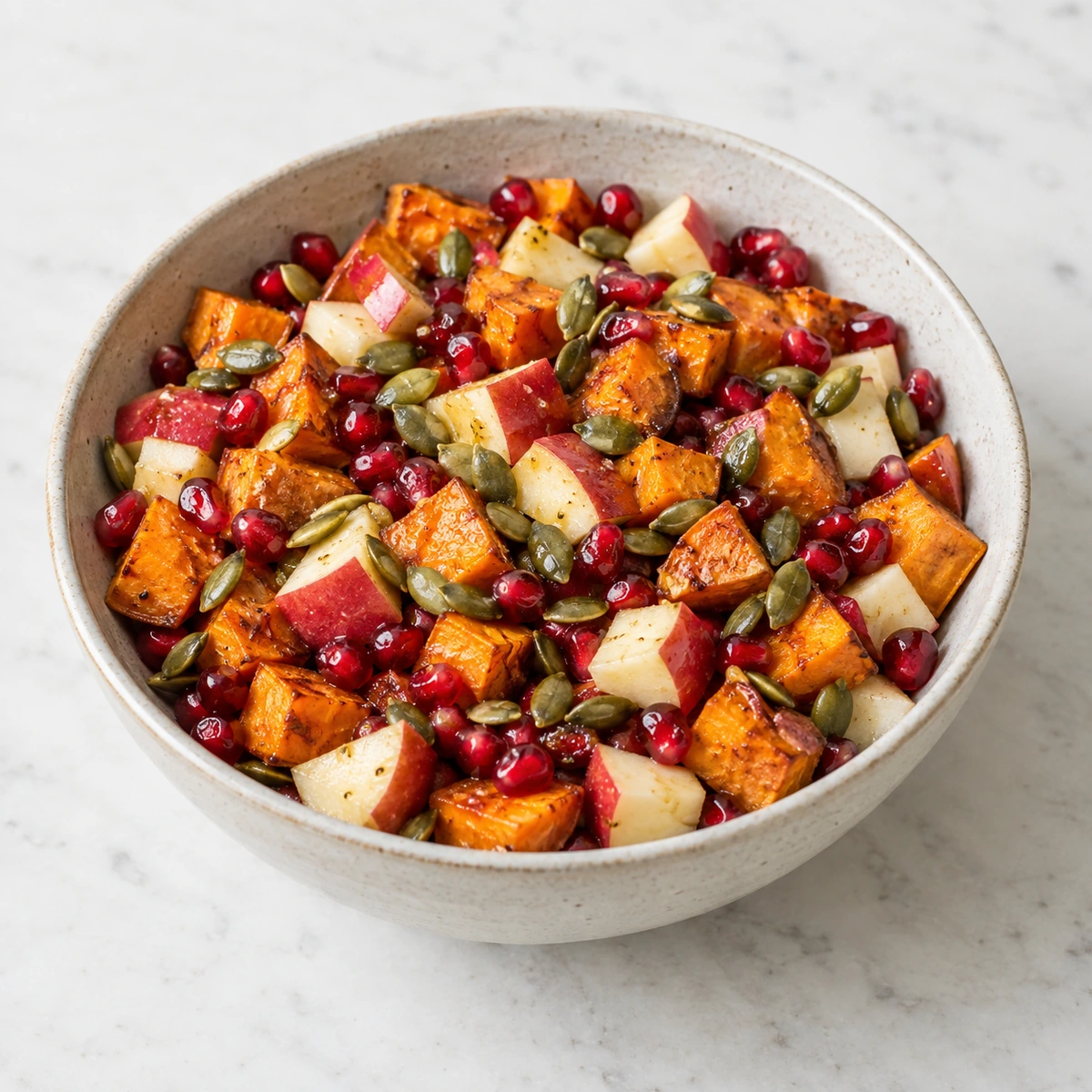 Roasted sweet potato cubes with red apple, pomegranate seeds and pepitas in a bowl